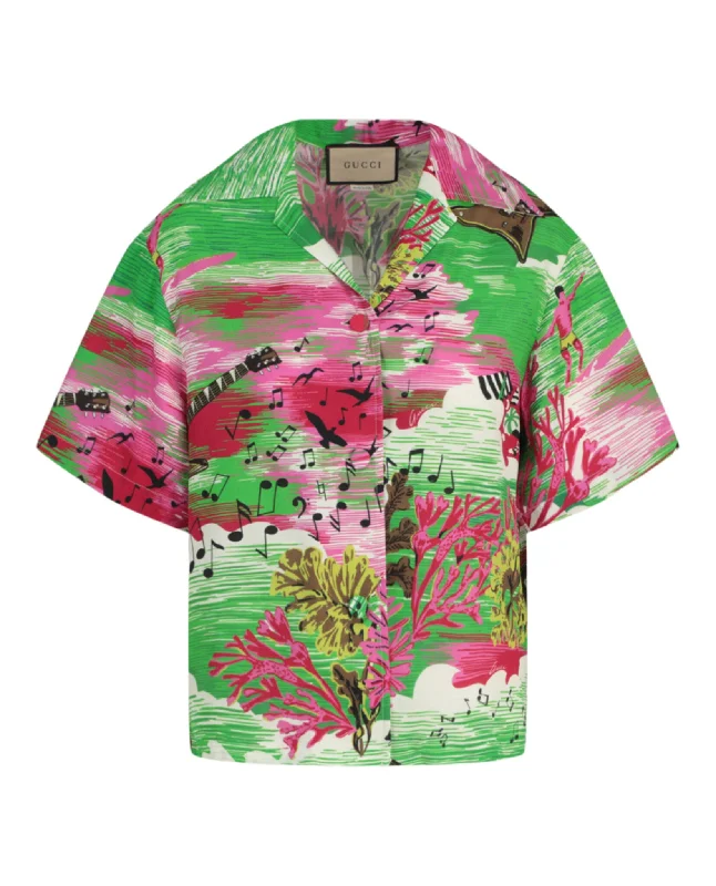 Gucci Womens Music Ocean Print Bowling Shirt-- Satin Blend Silk Blend Wool Blend