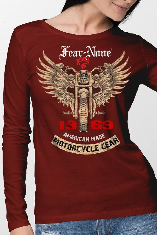 Women's "Gold Wings" Red Long Sleeve T Shirt-- Real Fur Shearling Chenille