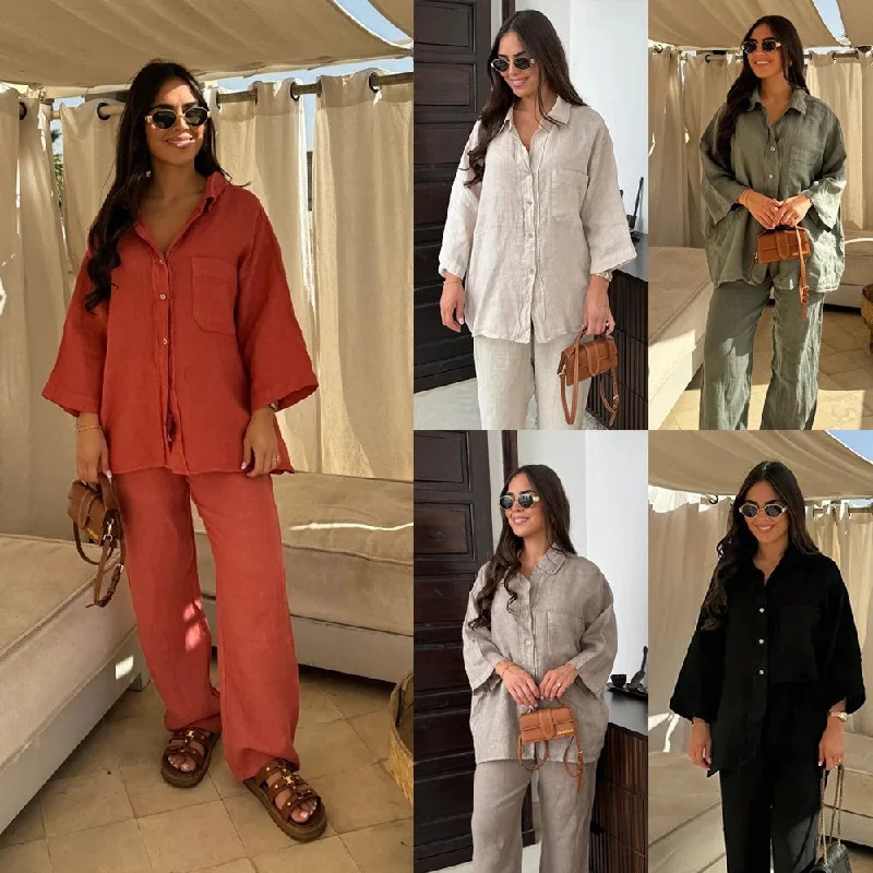 Casual Linen With Pocket Shirt Pants Suits Women Wide Leg Pants Long Sleeves Shirt Sets Ladies Loose High Street 2 Piece Outfits-- Hooded Caped Shawl Collar