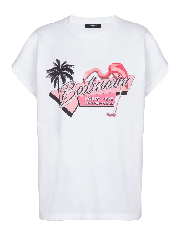 Balmain Flamingo-print cotton T-shirt-- Cashmere Blend Cotton Blend Poly Blend