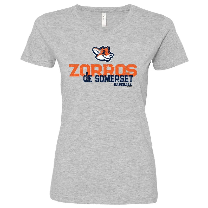 Somerset Patriots Heather Ladies  Zorros de Somerset Rotation Copa V-neck Longer Length T-shirt-- Houndstooth Herringbone Solid