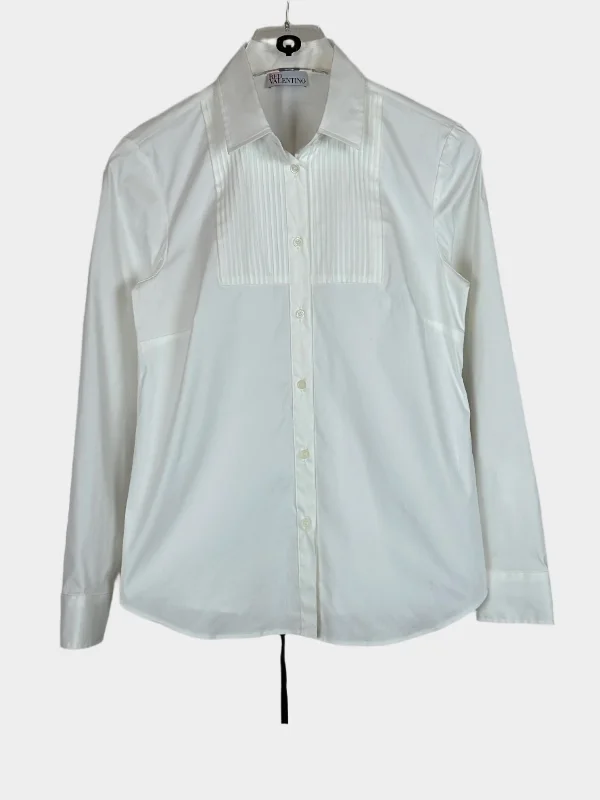 Pleated Shirt With Ribbon Detail-- Ribbed Striped Patterned