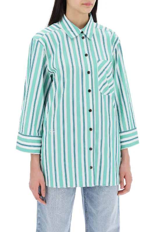 Ganni "oversized Striped Poplin Shirt-- Front Pockets Side Pockets Patch Pockets