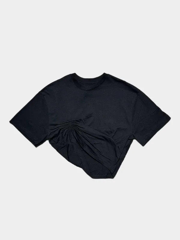Gathering Asymetric T-Shirt Black-- Nylon Fabric Polyester Fabric Spandex Fabric