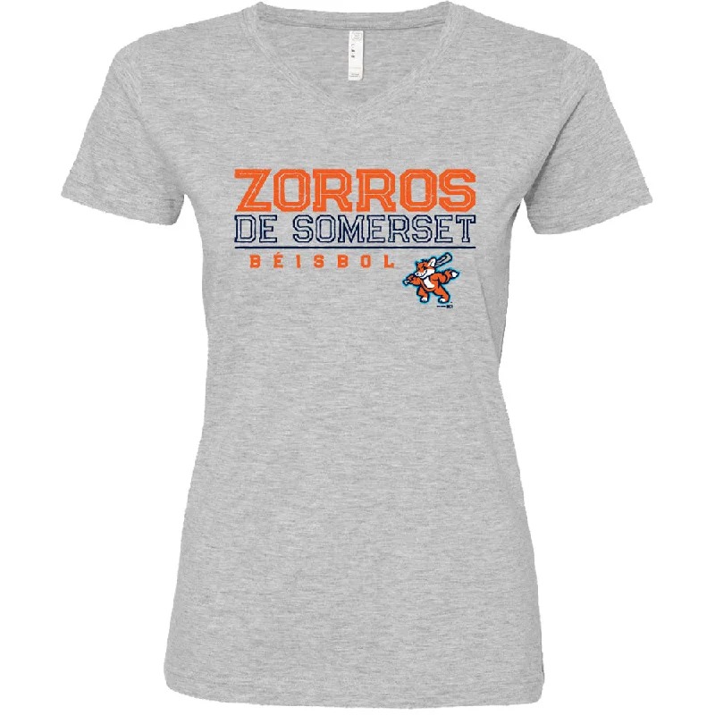 Somerset Patriots Ladies Heather Grey Longer Length Zorros de Somerset Opposition Copa Vneck Tshirt-- Zippered Front Buttoned Front Snap Front