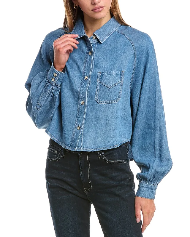 Hudson Jeans Raglan Balloon Sleeve Denim Shirt-- Solid Print Embellished