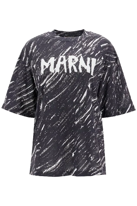 Marni Women's "Abstract Pattern Logo T-Shirt With-- Mesh Blend Leather Blend Suede Blend