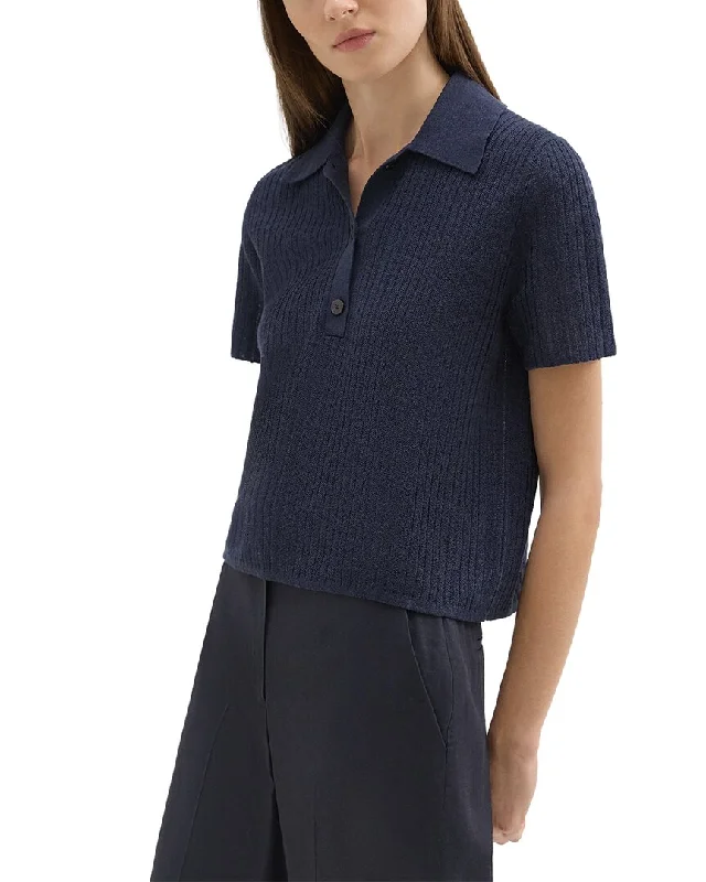 Theory Cropped Linen-Blend Polo Shirt-- Polka Dot Checkered Tartan