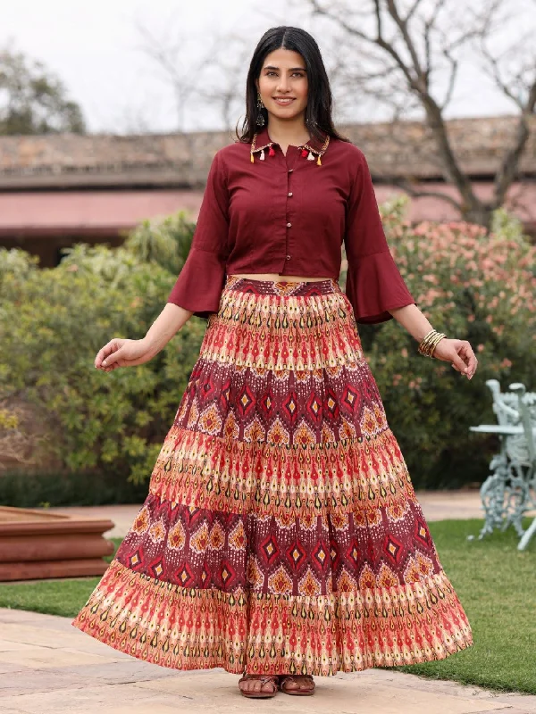 Juniper Women's Solid Liva Rayon Rust Shirt With Multi Color Skirt Co-Ord Set-- Sequined Glittery Shiny
