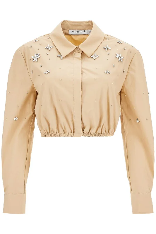 Self Portrait Women's 'Cropped Shirt With Crystals'-- Fitted T-Shirt Seamless Stretchy