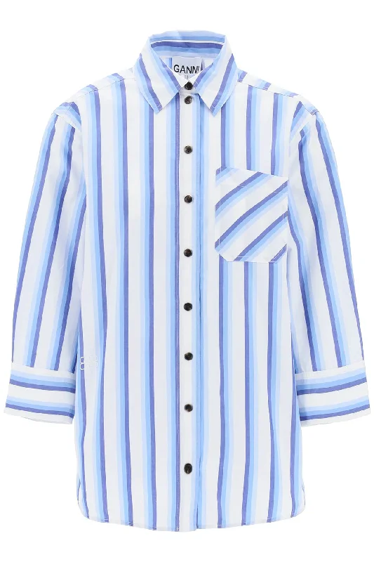 Ganni Women's "Oversized Striped Poplin Shirt-- Spandex Blend Rayon Blend Denim Blend