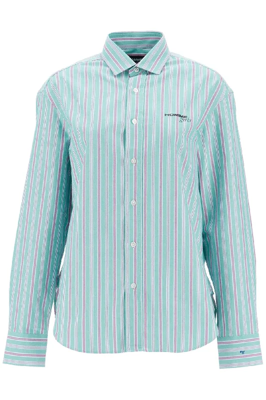 Homme Girls Women's Striped Oxford Shirt For Men-- Beaded Sequined Faux Fur