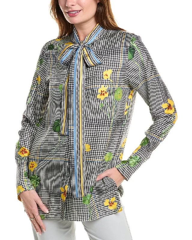 Oscar De La Renta Nasturtium Plaid Silk Twill Tie Shirt-- Notch Collar Peter Pan Collar Cowl Neck