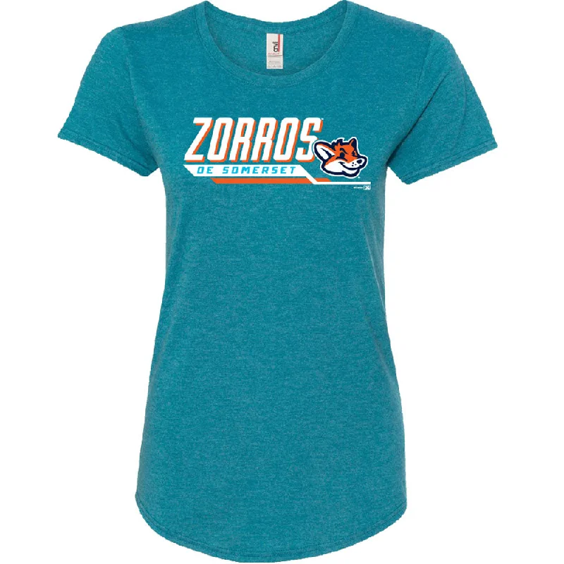 Somerset Patriots Ladies Triblend Heather Galapagos Blue Zorros de Somerset Disposition Copa Scoopneck Tshirt-- Welt Pockets Slit Pockets Flap Pockets