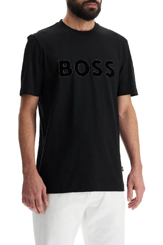 Boss Flocked Logo T-Shirt With-- Silk Blend Satin Velvet