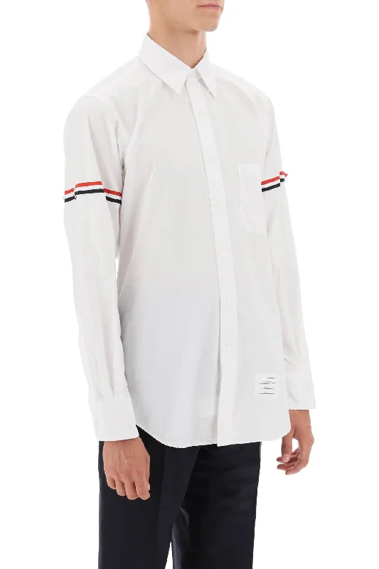 Thom Browne Oxford Button-Down Shirt With Rwb Armbands-- Denim Fabric Leather Fabric Suede Fabric