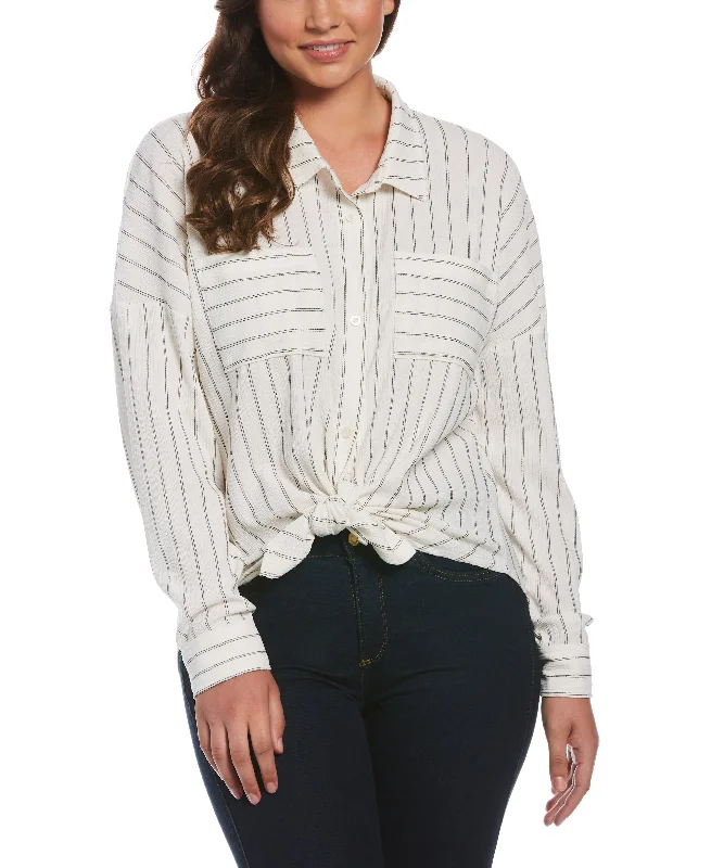 Petite Tie Front Shirt-- Mesh Blend Leather Blend Suede Blend