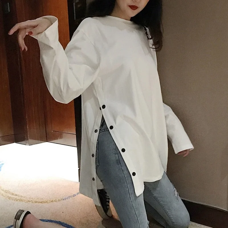 2022 spring Split Side Button White black Long Tshirt O-Neck Women shirts autumn Arrival Harajuku solid oversized T shirt tops-- Ribbed T-Shirt High Neck Heavyweight