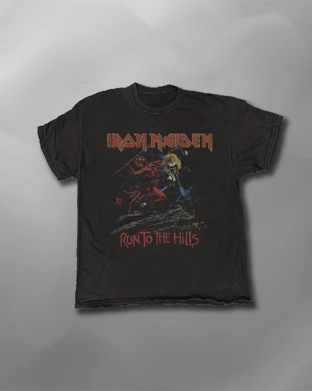 Iron Maiden - Run To Hills Vintage Wash T-Shirt-- Graphic T-Shirt Round Neck Polyester