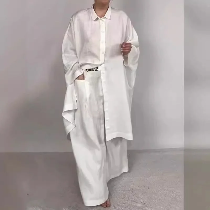Casual Loose Solid Color Shirt Outfit Wide Leg Pants Two-piece Set-- Ribbed Striped Patterned
