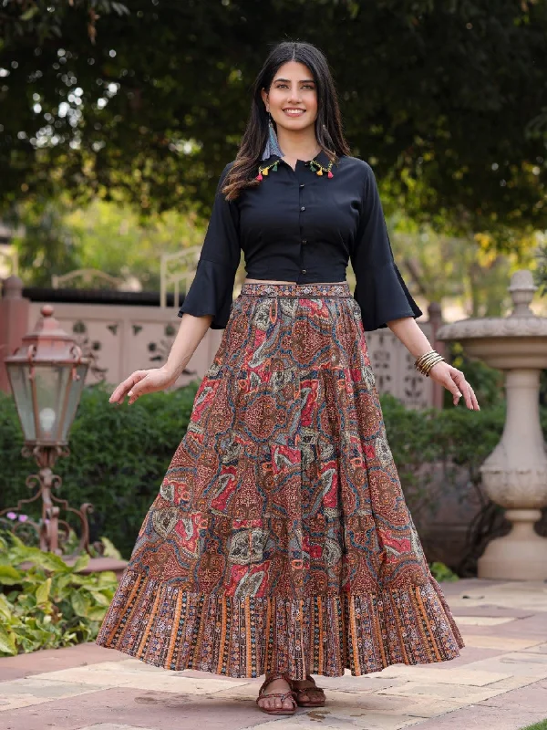 Juniper Women's Solid Liva Rayon Black Shirt With Multi Color Skirt Co-Ord Set-- Satin Blend Silk Blend Wool Blend