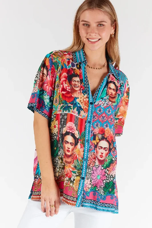 Lula Life Frida Shirt - Multi-- Welt Pockets Slit Pockets