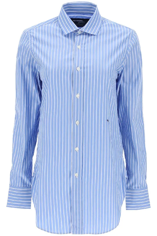Homme Girls Women's Striped Poplin Shirt-- Satin Blend Silk Blend Wool Blend