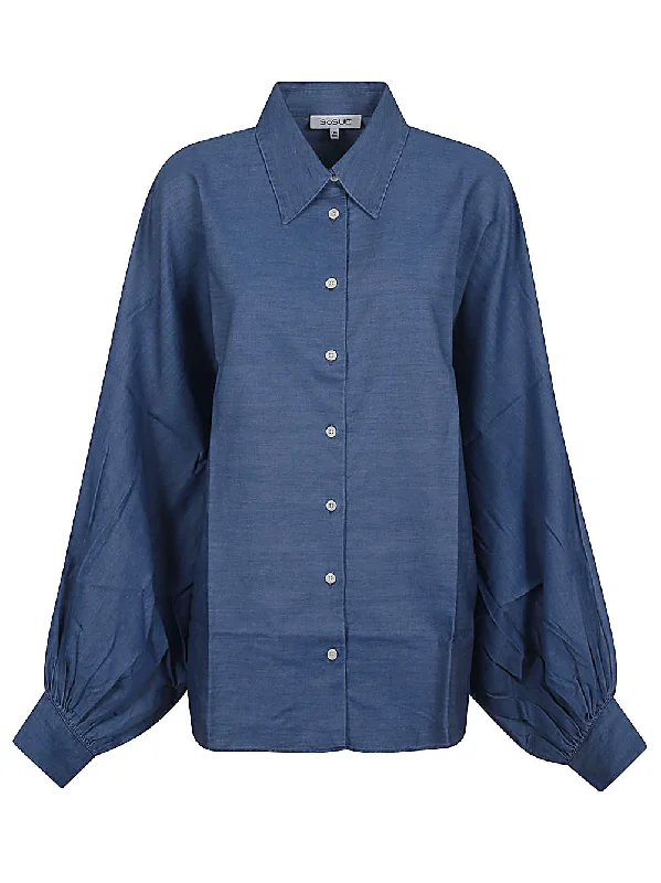 Sosue Women's Shirts Blue-- Asymmetrical Pockets Print