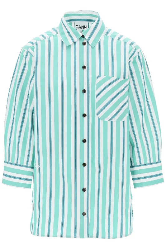 Ganni Women's "Oversized Striped Poplin Shirt-- Front Pockets Side Pockets Patch Pockets