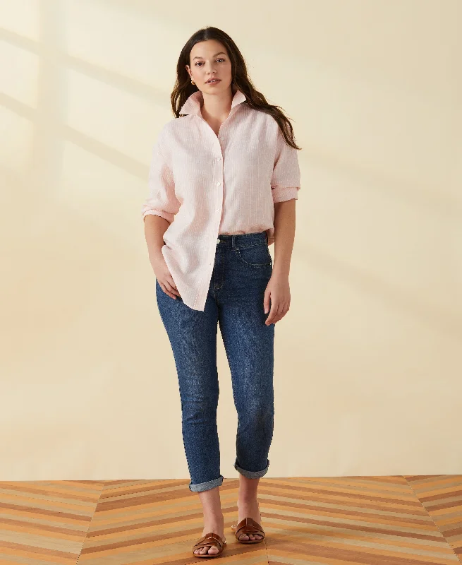 Petite Striped Easy Linen Shirt-- Spandex Blend Rayon Blend Denim Blend