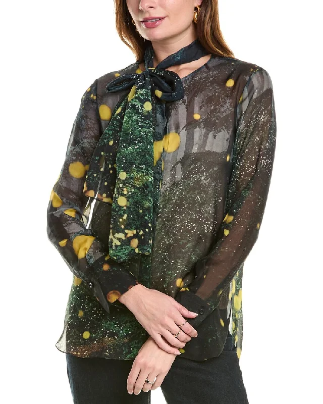 Oscar De La Renta Firefly Silk Chiffon Shirt-- Zippered Front Buttoned Front Snap Front