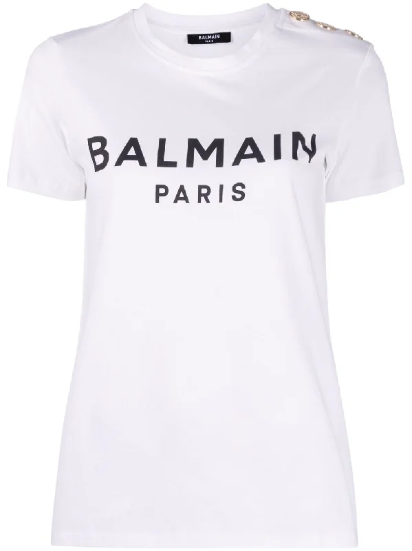 Balmain Women's T-Shirts And Polos White-- Embroidered Appliqued Beaded