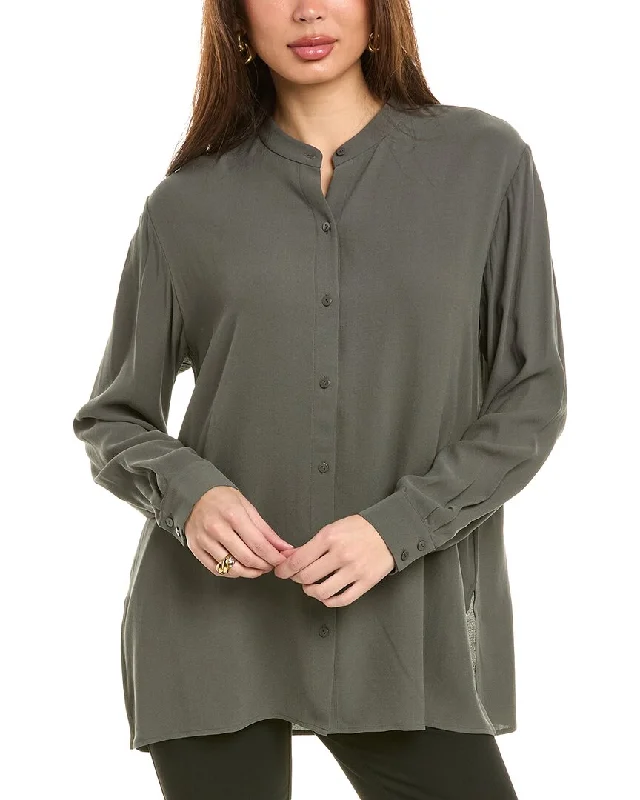Eileen Fisher Mandarin Collar Silk Shirt-- Hooded Caped Shawl Collar