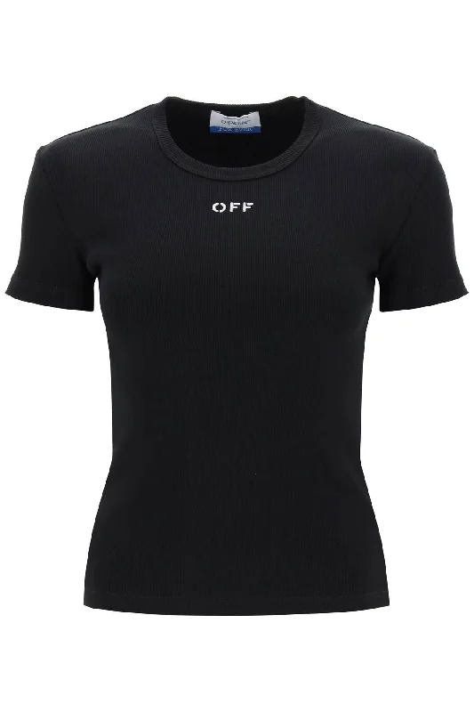 Off-White Women's Ribbed T-Shirt With Off Embroidery-- Chenille Blend Fleece Blend Nylon Blend