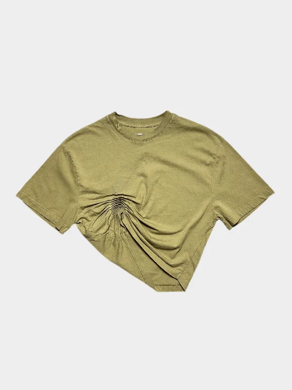 Gathering Asymetric T-Shirt Green-- Fleece Fabric Down Fabric Feather Fabric