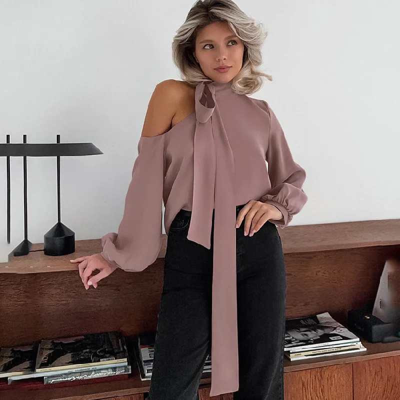 Women's Off-the-shoulder Irregular Collar Shirt-- Spandex Blend Rayon Blend Denim Blend