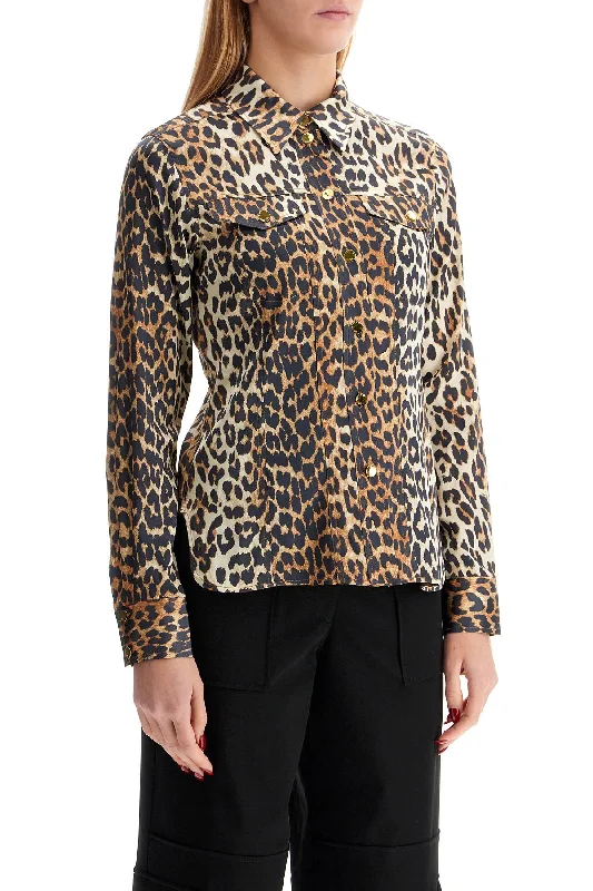 Ganni Leopard Print Satin Shirt-- Knit Fabric Woven Fabric Fleece Fabric