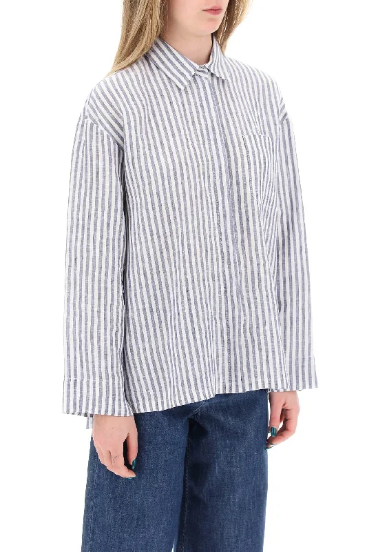 's Max Mara "striped Linen Shirt From Renania-- Welt Pockets Slit Pockets Flap Pockets