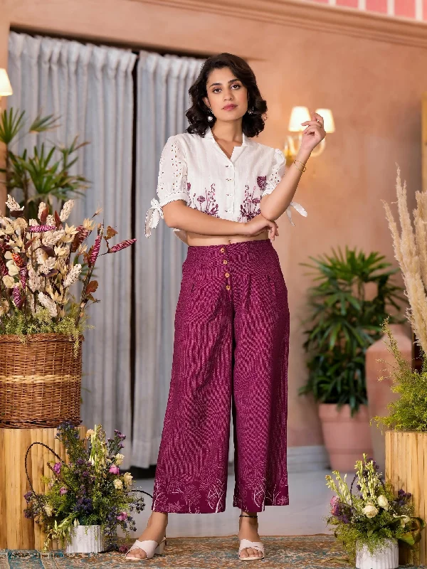 Juniper Women's Wine Thread Embroidered Cotton Shirt Crop Top & Pant Co-Ord Set With Buttons & Tie-ups-- Welt Pockets Slit Pockets