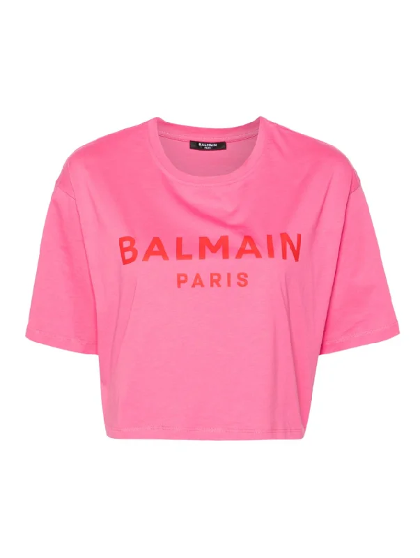 Balmain logo-print cropped T-shirt-- Satin Blend Silk Blend Wool Blend