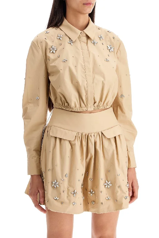 Self Portrait 'cropped Shirt With Crystals'-- Collared T-Shirt Boat Neck A-Line