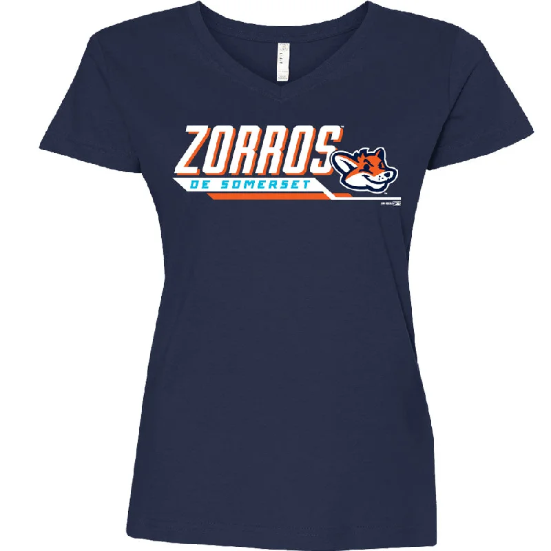 Somerset Patriots Ladies Navy Longer Length Zorros de Somerset Disposition Copa Vneck Tshirt-- Front Pockets Side Pockets Patch Pockets