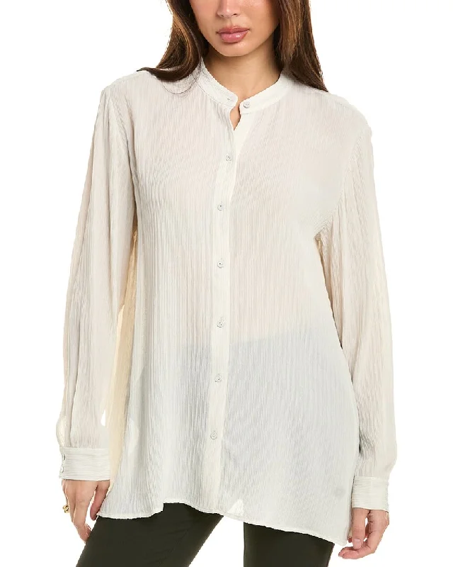 Eileen Fisher Mandarin Collar Silk Shirt-- Front Pockets Side Pockets Patch Pockets