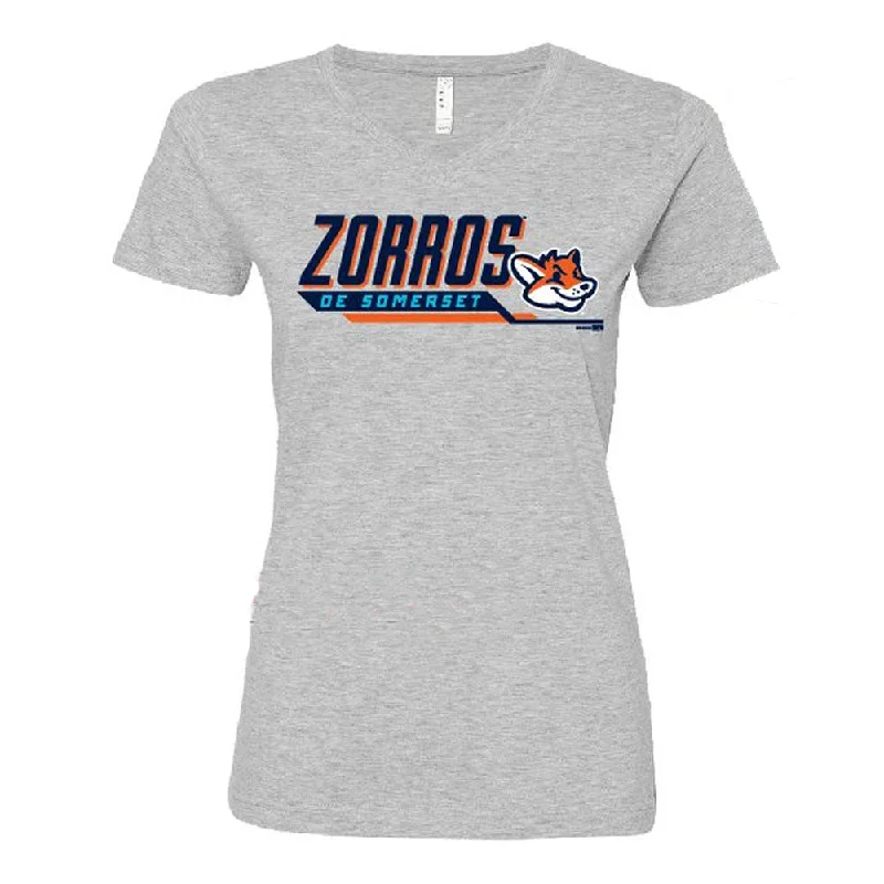 Somerset Patriots Ladies Heather Grey Longer Length Zorros de Somerset Disposition Copa V-neck Tshirt-- Print Jacquard Patchwork