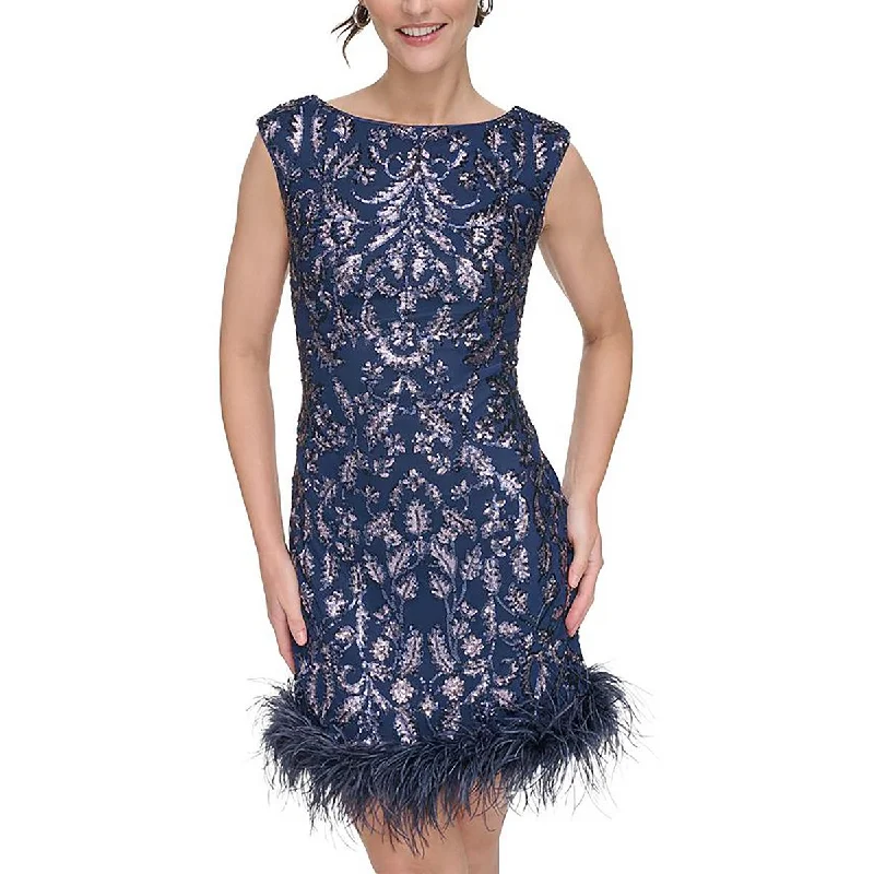 Petites Womens Sequined Feathered Sheath Dress Tunics Luxurious high-end