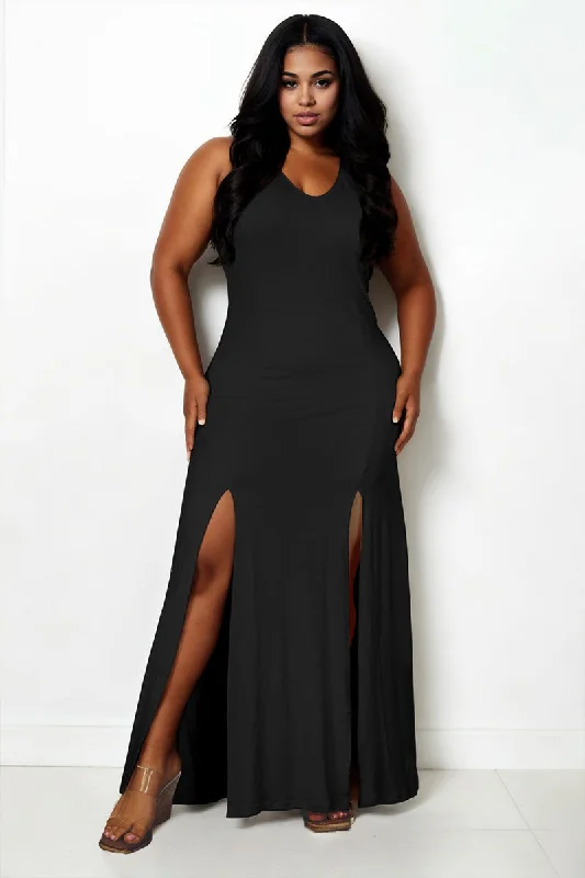 Plus Size Plunge Neck Thigh Split Maxi Dress Tunics Chinos classic