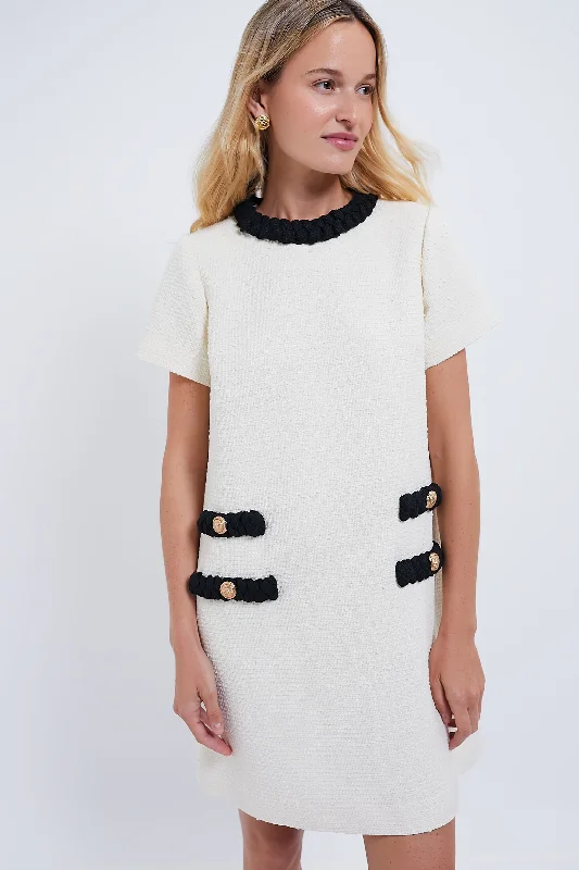Cream Tweed Short Sleeve Jackie Dress Tunics Satin smooth