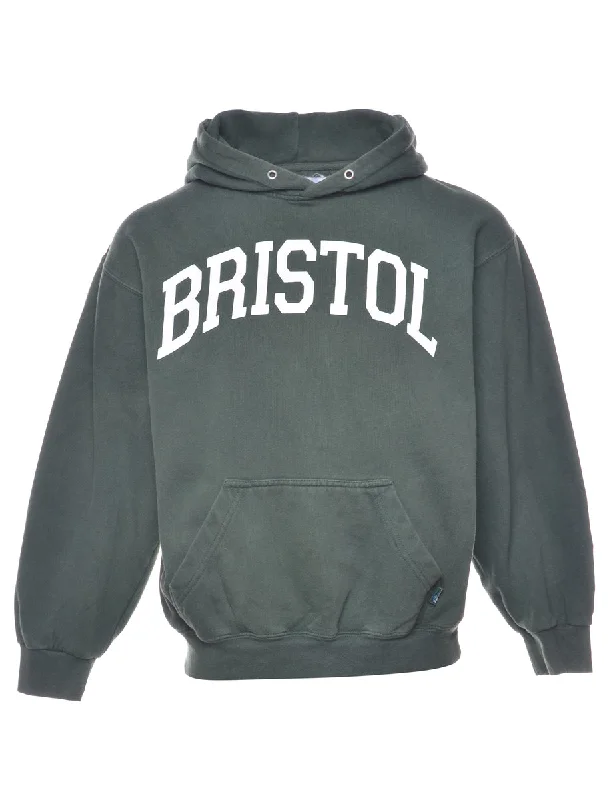 Dark Green Bristol Printed Hoodie - S Hoodie with Bell Sleeves Flared Feminine