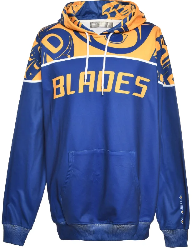 Blue Blades Printed Hoodie - L Hoodie with Hem Applique Textured Unique
