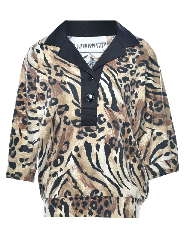 Leopard Printed Sweatshirt - L Hoodie with Hidden Zipper Minimalist Clean